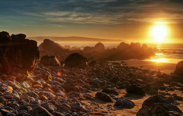 Light, beach, coast, glow, evening, sun, stones, decline
