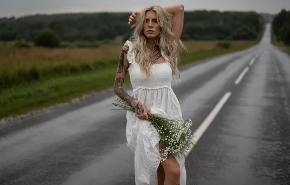 Picture road, girl, flowers, pose, hands, tattoo, blonde, sundress