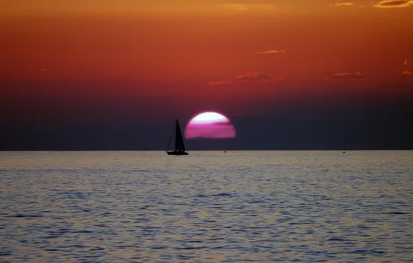 The sun, sunset, the ocean, boat, the evening, yacht, silhouette, sail