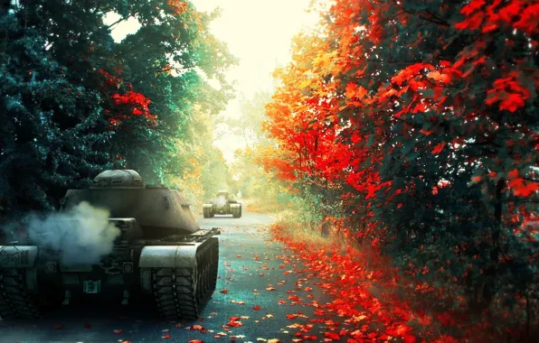 Picture road, autumn, forest, art, tanks, WoT, World of Tanks, S. T. V. O. L.
