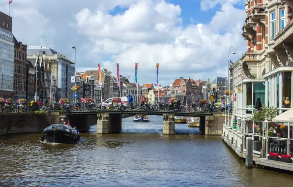 Water, bridge, the city, boat, building, Amsterdam, channel, architecture