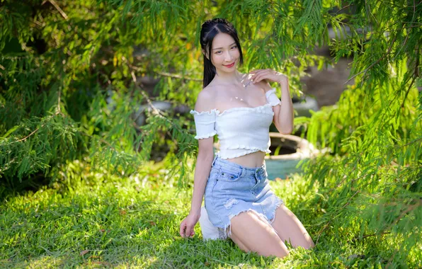 Smile, brunette, neckline, Asian, cutie, asian, green foliage, cutie