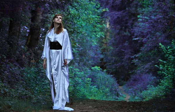 Field, forest, summer, grass, girl, flowers