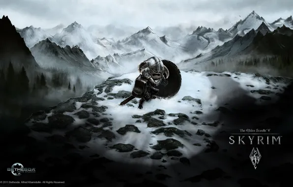 Picture snow, mountains, shadow, skyrim, Viking, viking, shadow, mount