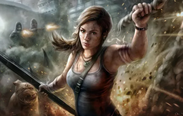 Girl, chase, sparks, Tomb Raider, Lara Croft, wounds