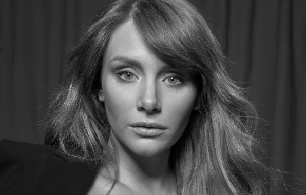 Portrait, makeup, hairstyle, black and white, jacket, Bryce Dallas Howard, Bryce Dallas Howard, Luke Duval
