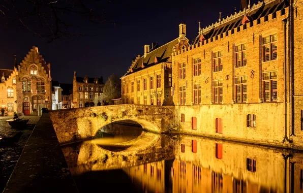 Night, bridge, lights, home, channel, Belgium, Bruges