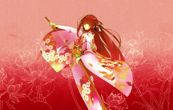 Picture girl, flowers, pattern, katana, red, kimono, pink background, sheath
