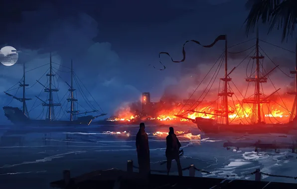 Picture Port, Night, Fire, Ships, RAID, Illustration, Concept Art, Fort