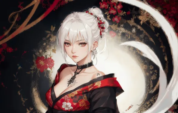 Girl, anime, flowers, painting, blond, digital art, fantasy art, kimono
