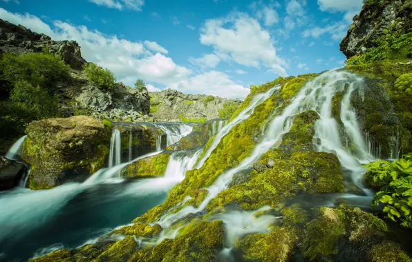 River, stones, moss, waterfalls, cascade, Iceland, Iceland, Rift
