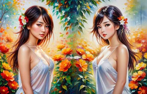 Chest, look, leaves, girl, flowers, pose, reflection, girls