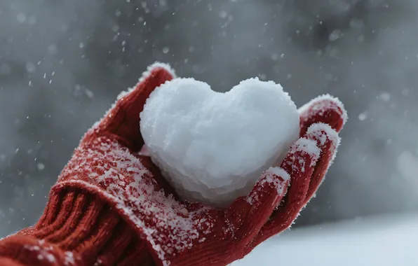 Winter, snow, love, holiday, heart, hand, ice, grey background