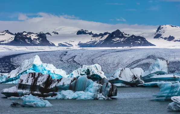 Ice, winter, sea, the sky, clouds, snow, mountains, blue