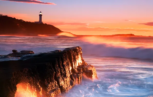 Sea, wave, sunset, stones, rocks, lighthouse