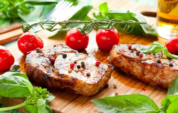 Meat, tomato, spices, steak, Basil