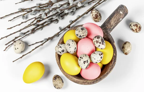 Branches, eggs, Easter, white background, Verba, eggs