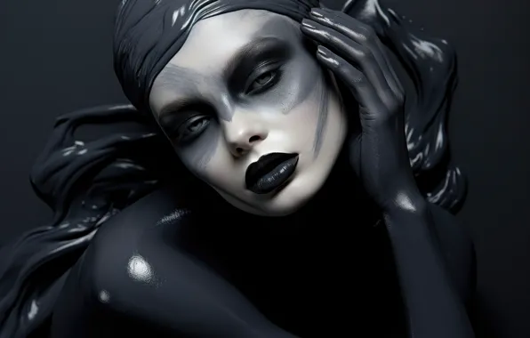 Girl, face, pose, rendering, portrait, makeup, art, grey background