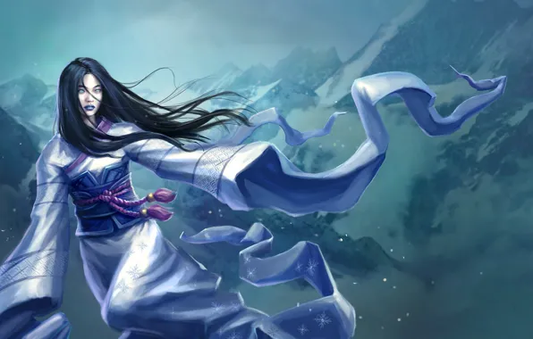 Winter, Girl, Mountains, Figure, Asian, Fantasy, Art, Cold
