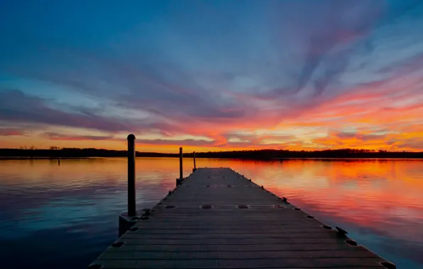 The sky, clouds, sunset, lake, the evening, wooden, USA, the bridge