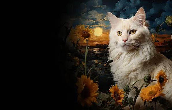 Field, cat, cat, sunflowers, flowers, night, lake, the moon