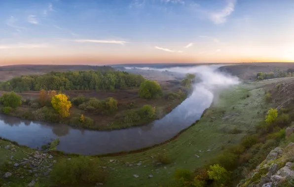 The sky, trees, fog, stones, Ukraine, shrubs, the river Kalmius