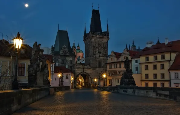 The city, the evening, Prague, lights, Charles bridge, medieval architecture