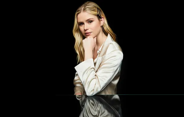 Look, pose, table, actress, background black, Atragea, Erin Moriarty, Erin Moriarty