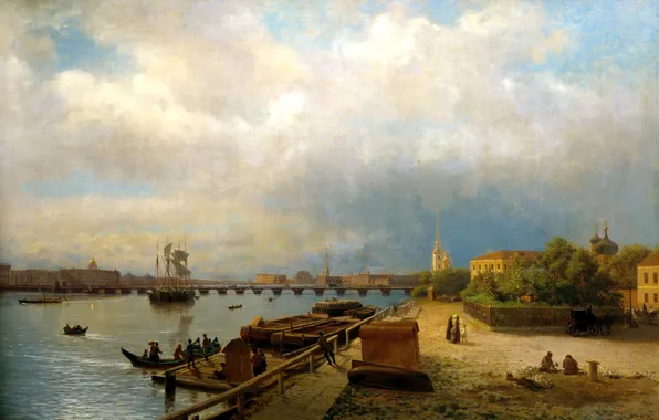 The sky, water, clouds, bridge, people, ships, boats, Saint Petersburg