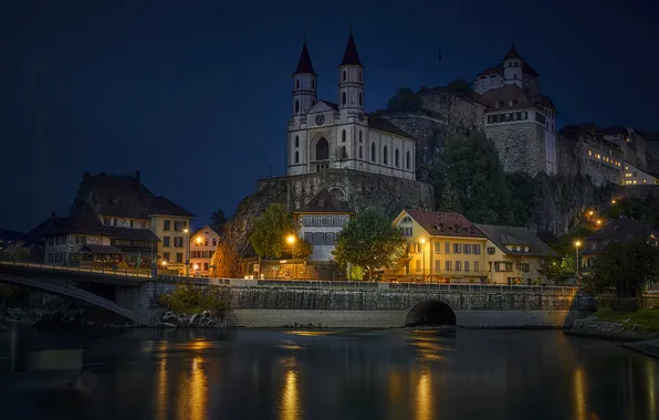 Picture river, castle, home, Switzerland, Church, night city, Switzerland, Aare river