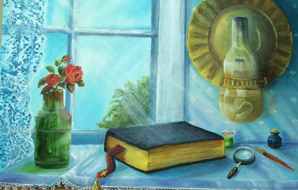 Picture light, roses, window, art, kerosene stove, book, still life, the Bible