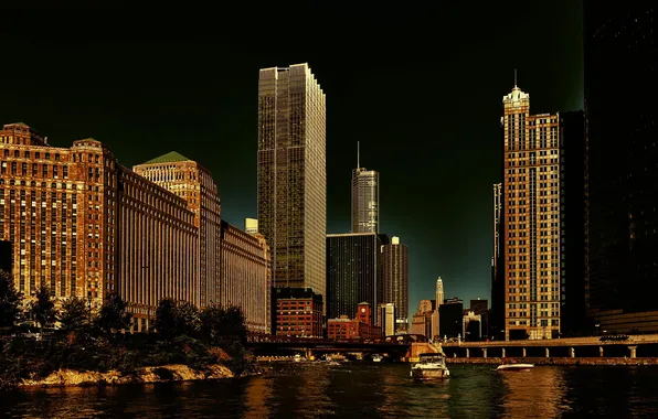 River, building, skyscrapers, Chicago, USA, Chicago, megapolis, illinois