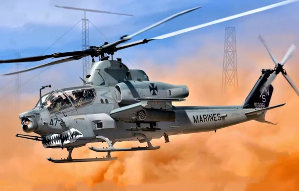 Picture USA, Super Cobra, USMC, Attack helicopter, AH-1Z Viper, Combat helicopter, Shark mouth