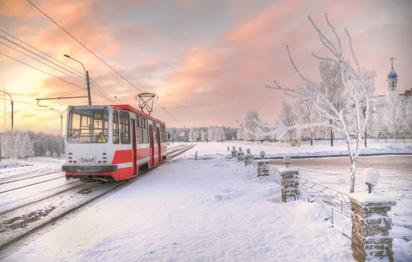 Picture winter, the sky, trees, the city, tram, Ed Gordeev, Eduard Gordeev, Saint Petersburg