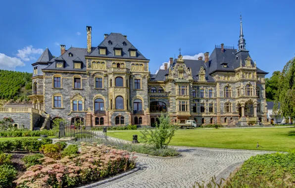 Picture castle, lawn, track, Germany, beds, Lieser