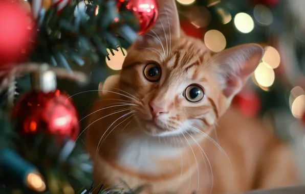 Cat, cat, look, balls, light, branches, lights, pose