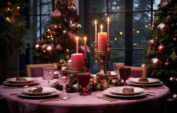 Balls, food, candles, glasses, window, Christmas, New year, feast