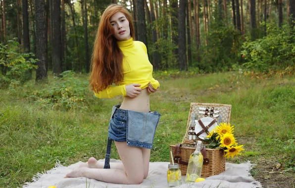 Sexy, forest, nature, redhead, picnic, pornstar, sunflowers, outdoor