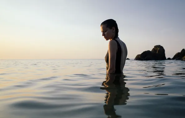 Sea, stones, sea, boulders, stones, cloudless sky, bather, bather