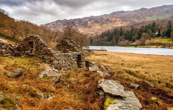 Mountains, lake, house, ruins, Wales, Llyn Gwynant