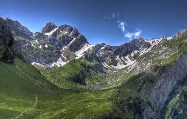Greens, snow, landscape, mountains, home, clear