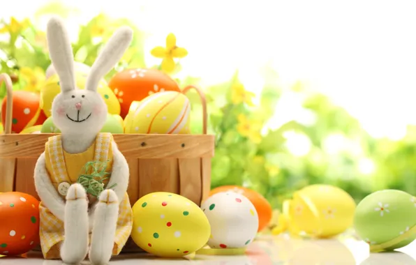 Grass, nature, holiday, basket, toy, hare, eggs, spring