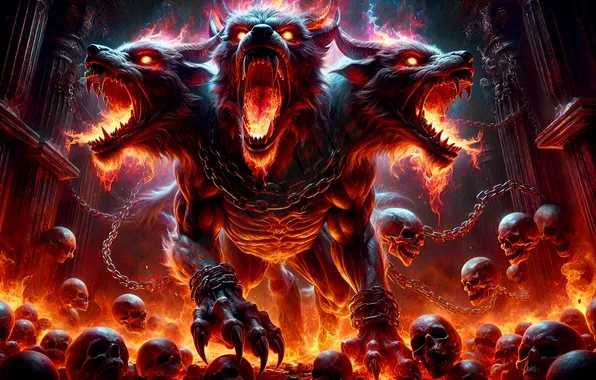 Skull, chain, Cerberus, the Hellhound