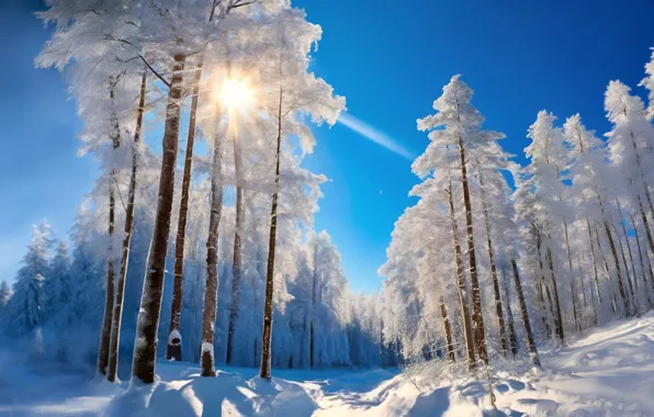 Winter, forest, the sky, the sun, snow, trees, landscape, nature