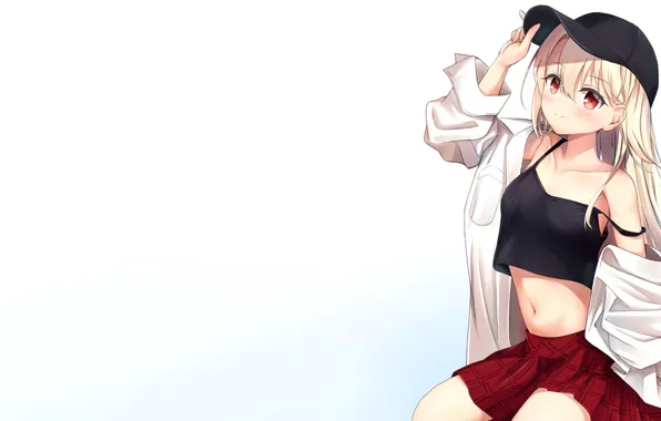 Blouse, anime, red eyes, cap, white hair, short skirt