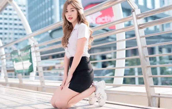 Street, Asian, beautiful girl, black skirt, street, beautiful girl, asian, white blouse