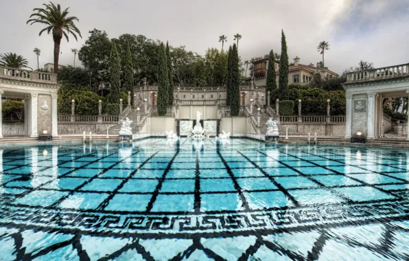 Picture water, palm trees, pattern, tile, pool, day, ladder, statues