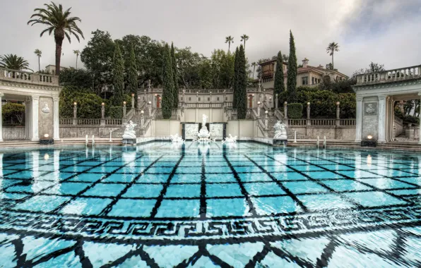Water, palm trees, pattern, tile, pool, day, ladder, statues