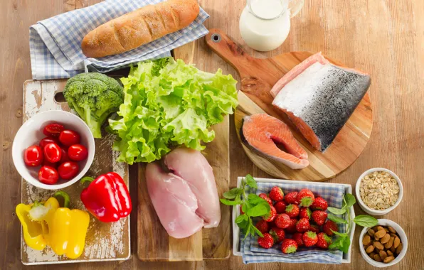Picture food, fish, chicken, cream, strawberry, bread, nuts, tomatoes