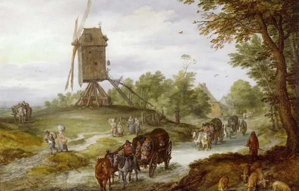 Road, people, picture, wagon, Jan Brueghel the elder, Landscape with a Windmill